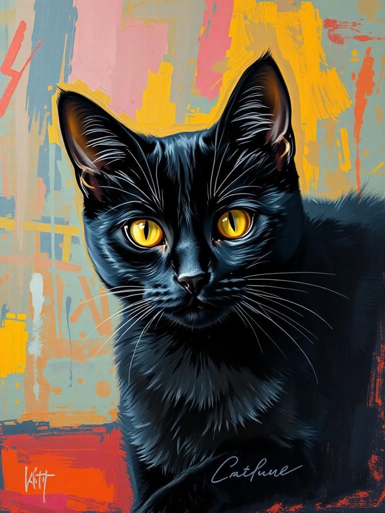 Black cat with bright, shining yellow eyes, gazing calmly, s...