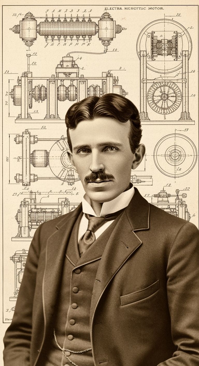 Nikola Tesla Portrait with Engineering Blueprints