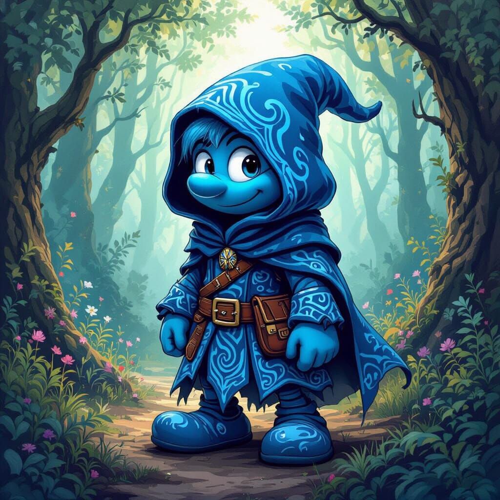 Mysterious Smurf Traveler in Mystical Forest