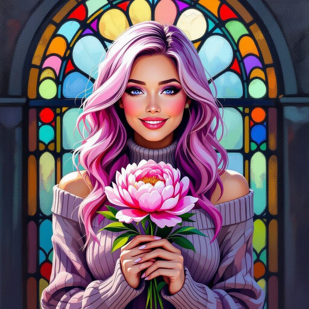 Pink Haired Woman with Peony, Neo-Impressionist Style