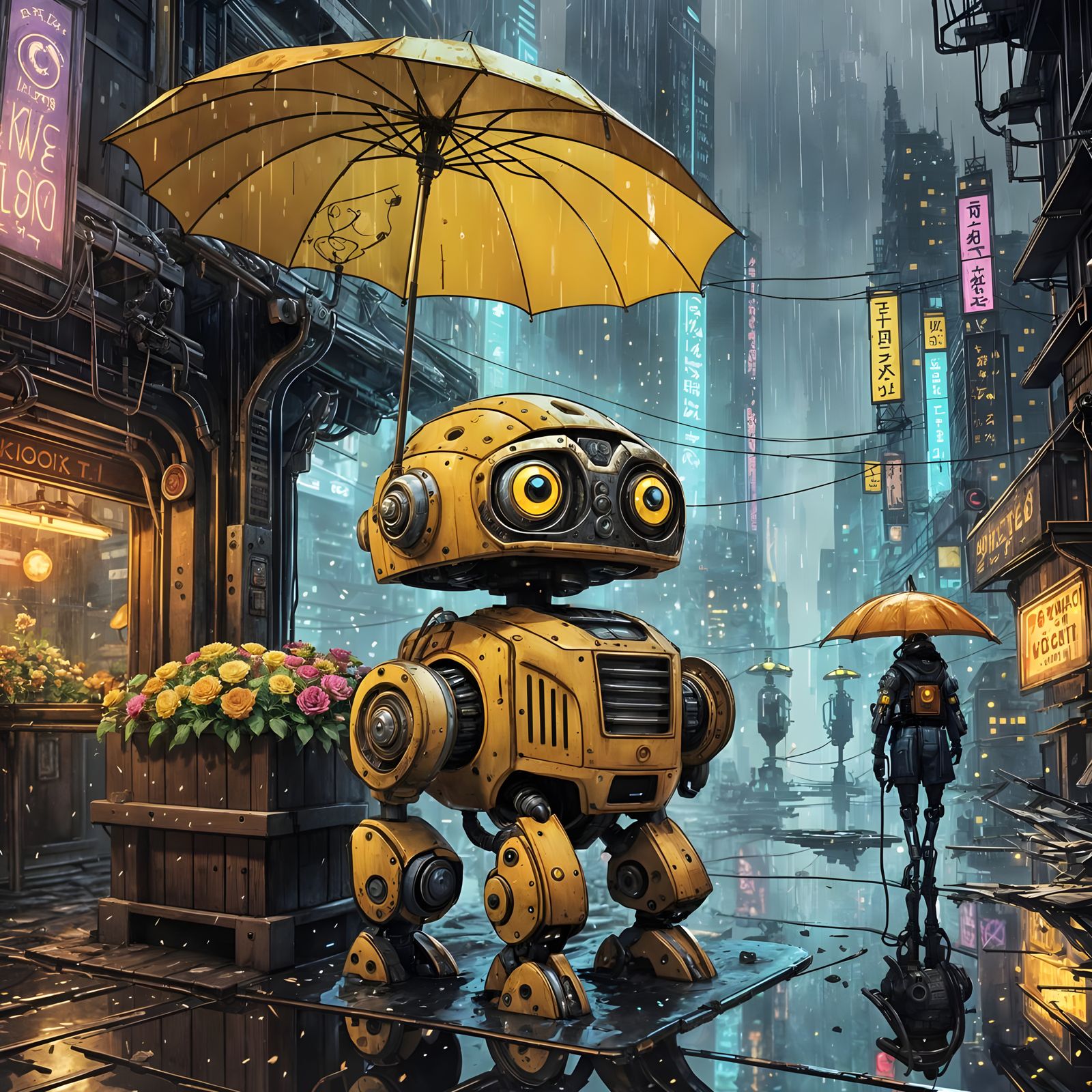 Ultra Cute Robot Vender Under Neon Lights