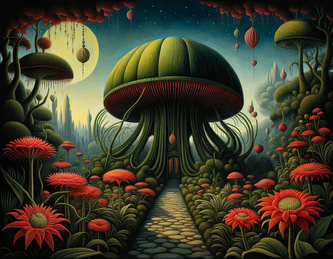 Psychedelic Alien Flowers in a Dark Naif Forest