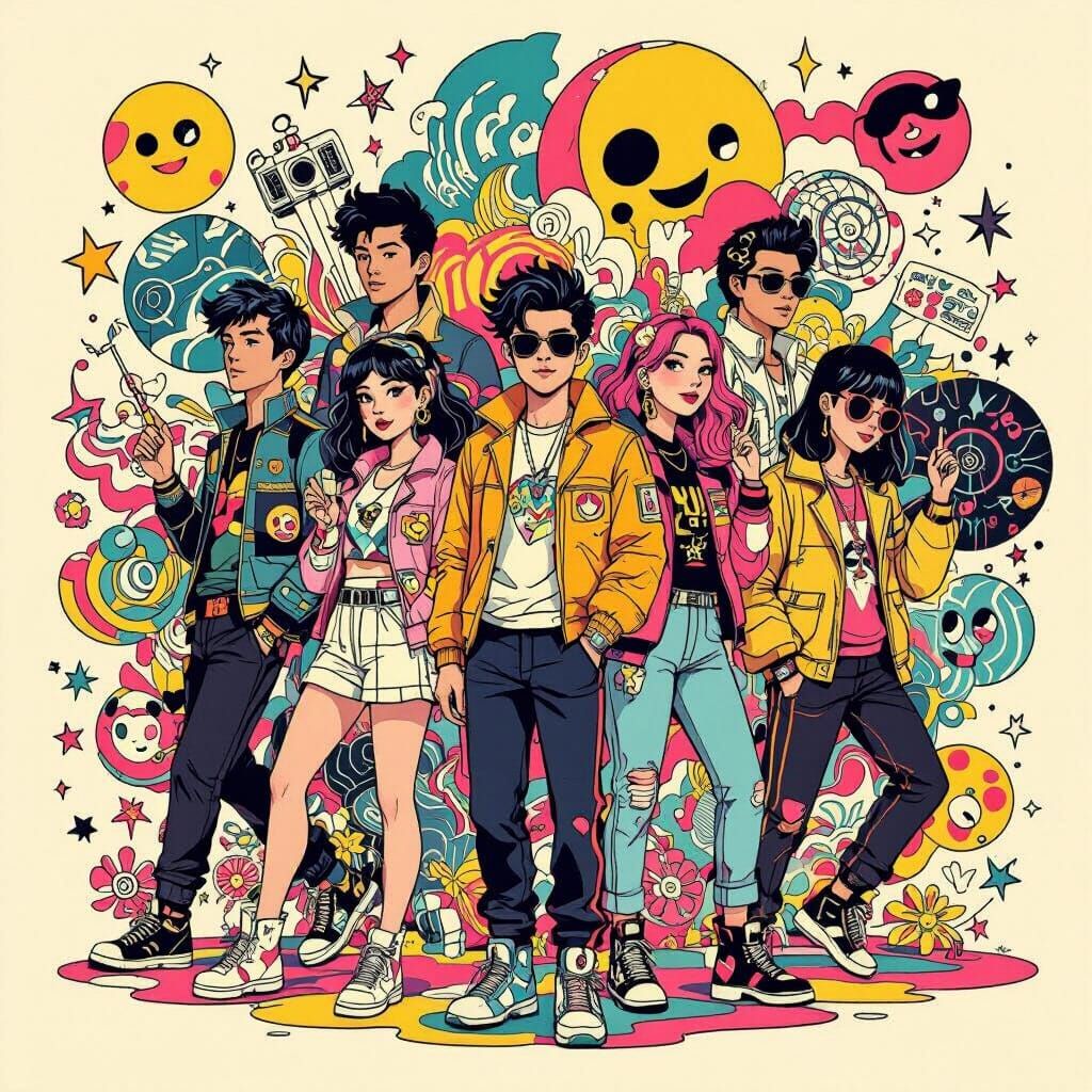 Eclectic Pop Culture Illustration in Playful Style