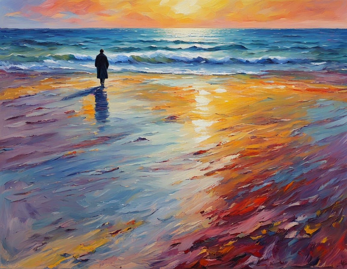 Impressionist Beach Scene with Lone Figure