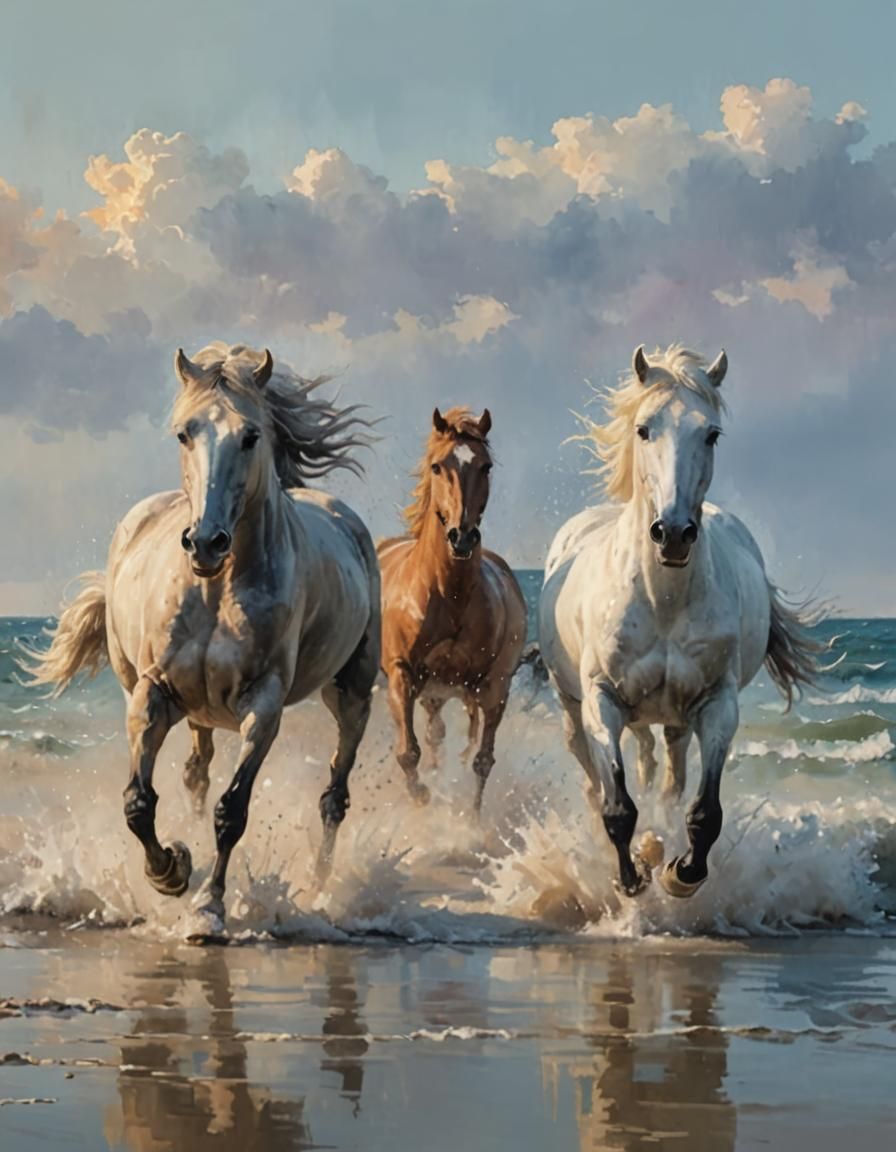 Camargue Horses Galloping on Beach in Watercolor