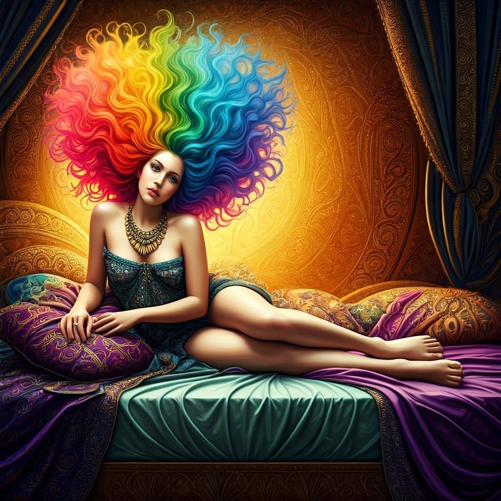 Rainbow Haired Woman in Cubist Art Deco Style