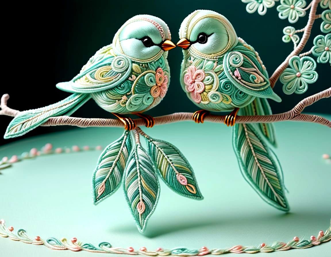 Pastel Stitched Birds Perched on a Glittering Branch
