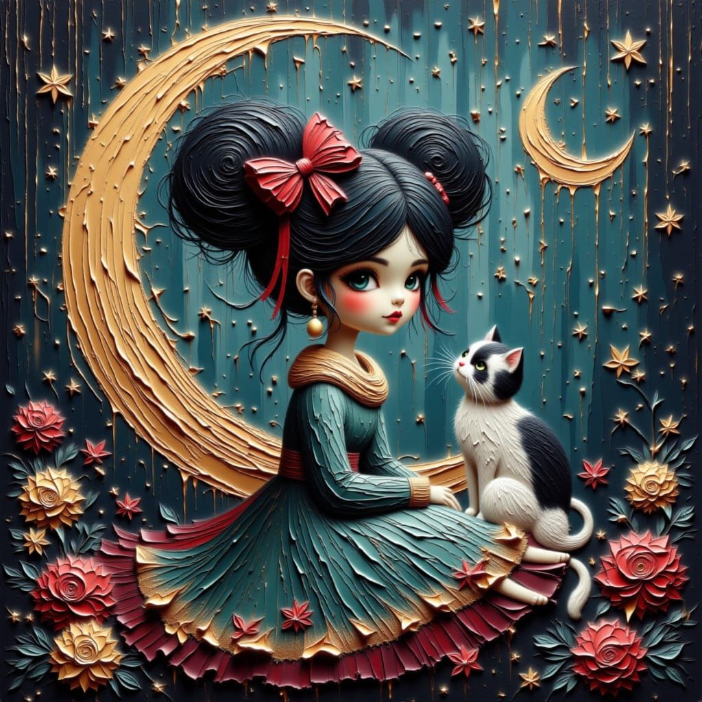 Moon Fairy Cat with Golden Paint Spatters