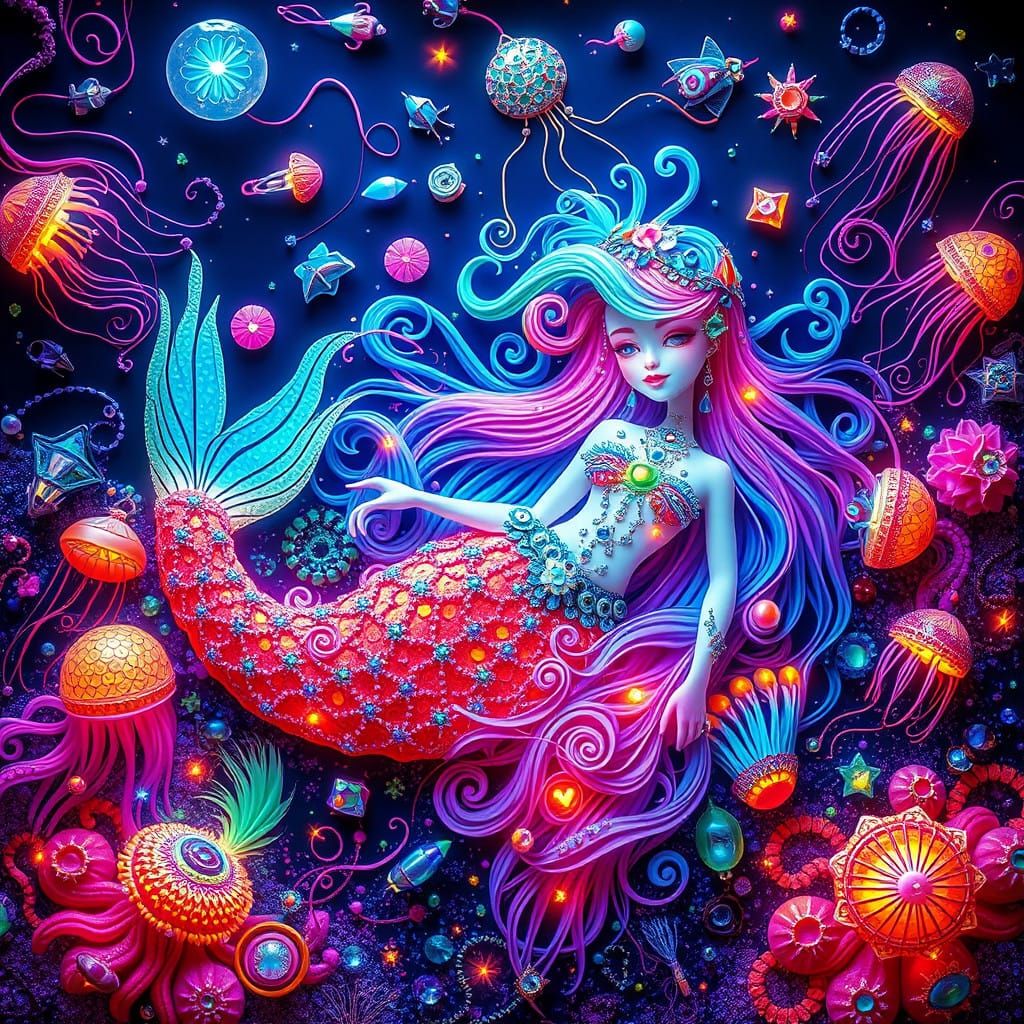 Whimsical Mermaid in Neon Futurism Style