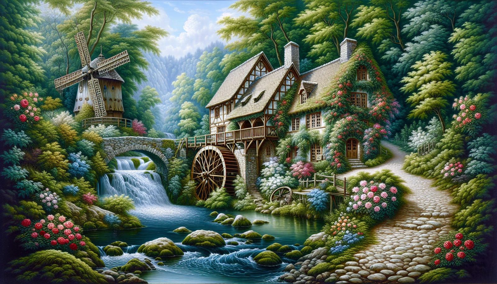 Detailed Oil Painting of a Fairytale Cottage and Watermill