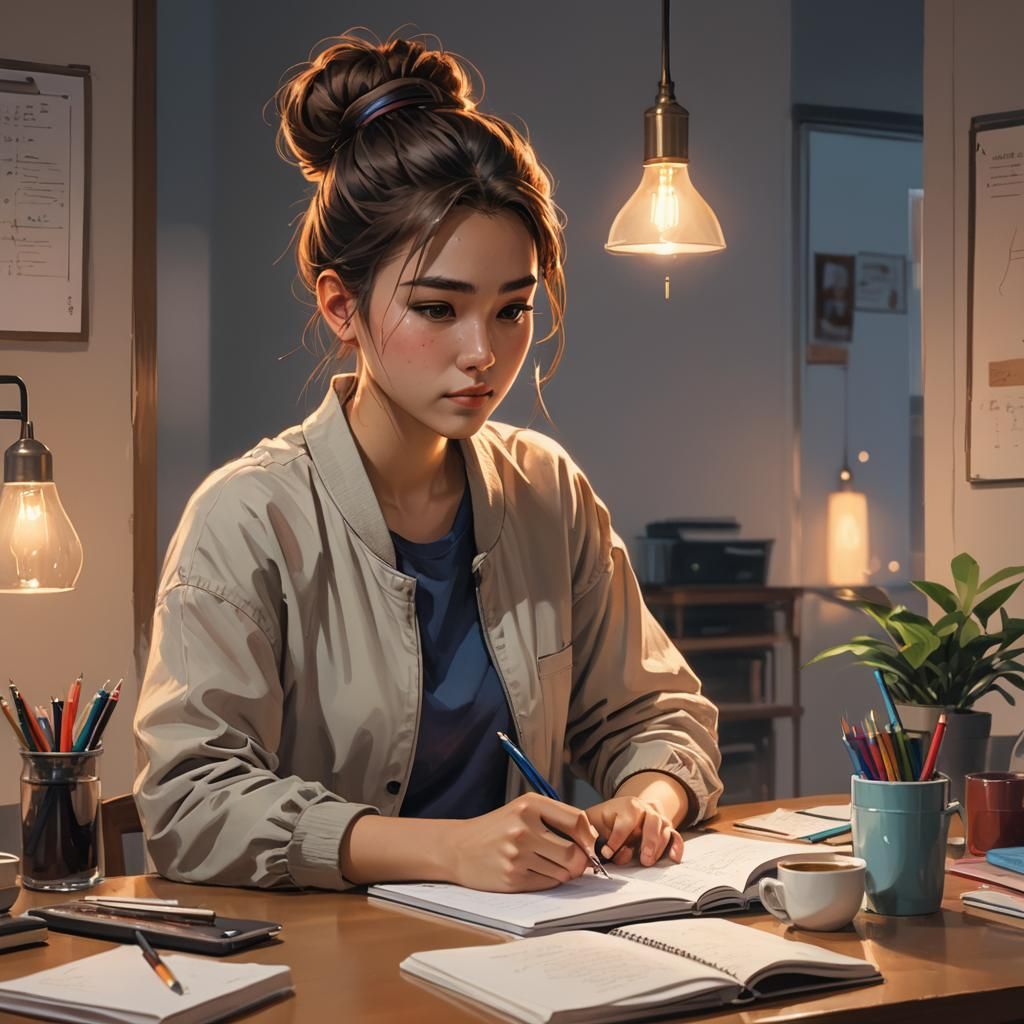 Girl Student Studying: Digital Portrait Painting