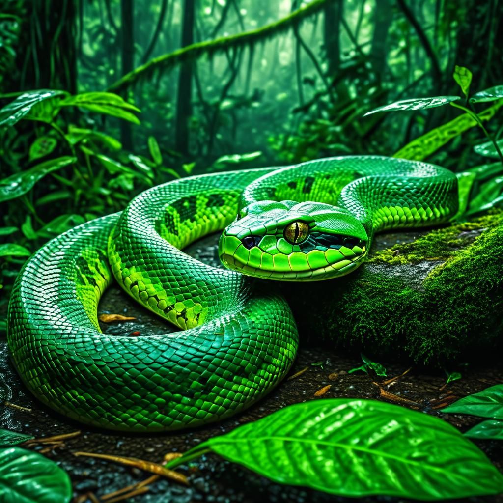 Giant Green Snake in Hyperrealistic Rainforest