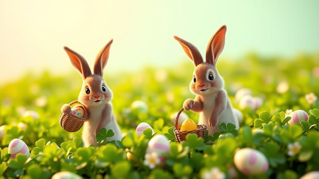 Cute Bunnies Hide Easter Treasures in Vibrant Shamrock Field