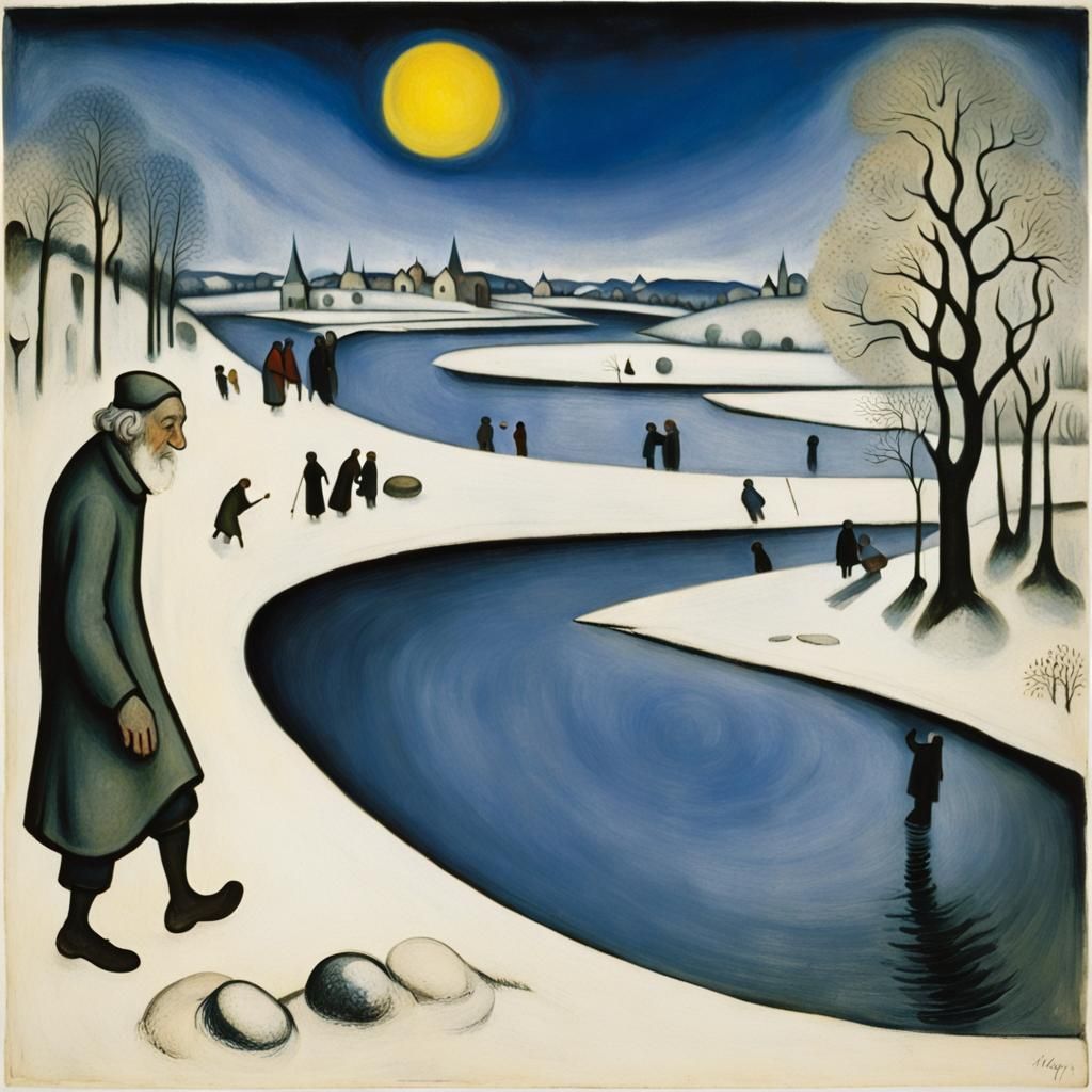 Old Man Creates Bokeh on Winter River