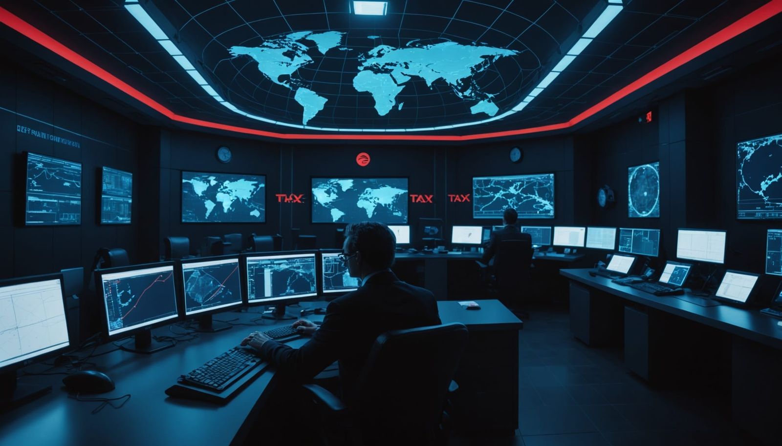Retro-Futuristic Briefing Room with Global Finance Networks