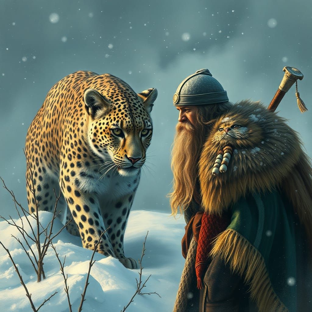 Viking Meets Snow Leopard in Expressionist Style