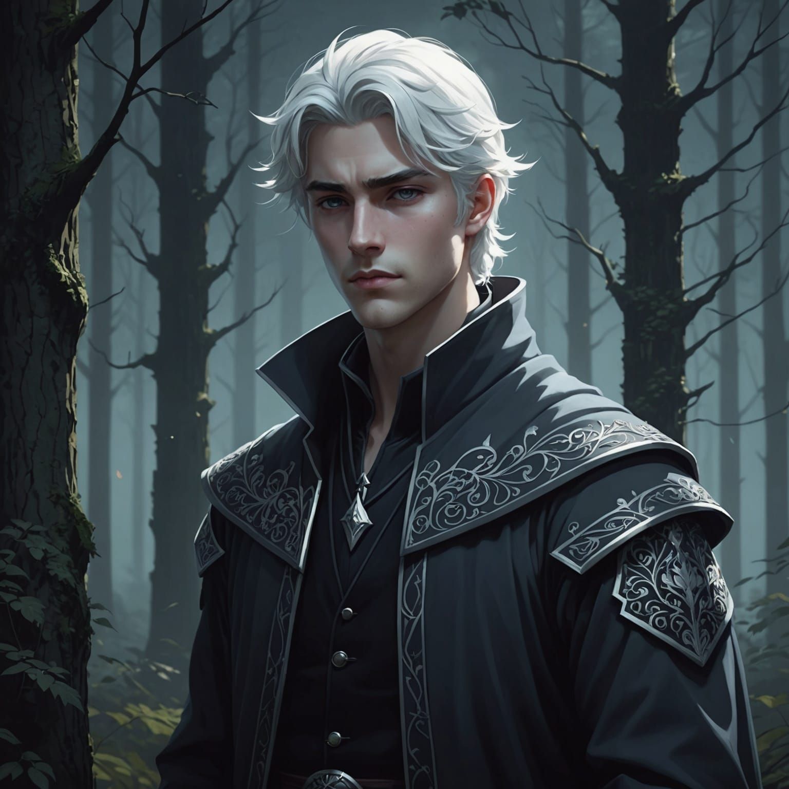 Anime Knight in Dark Forest, Chiaroscuro Style