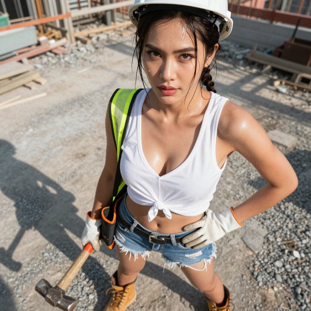 Ultra Realistic Thai Woman in Construction Site Pose