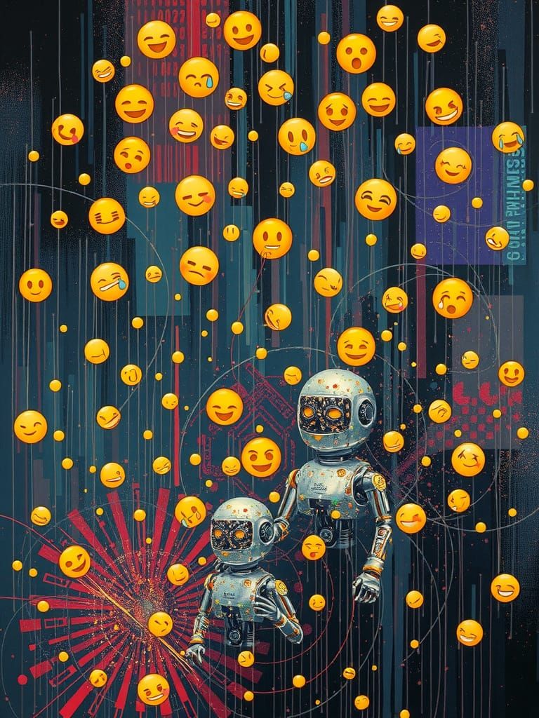 Glitchcore Androids Drenched in Emojis and Electric Sparks