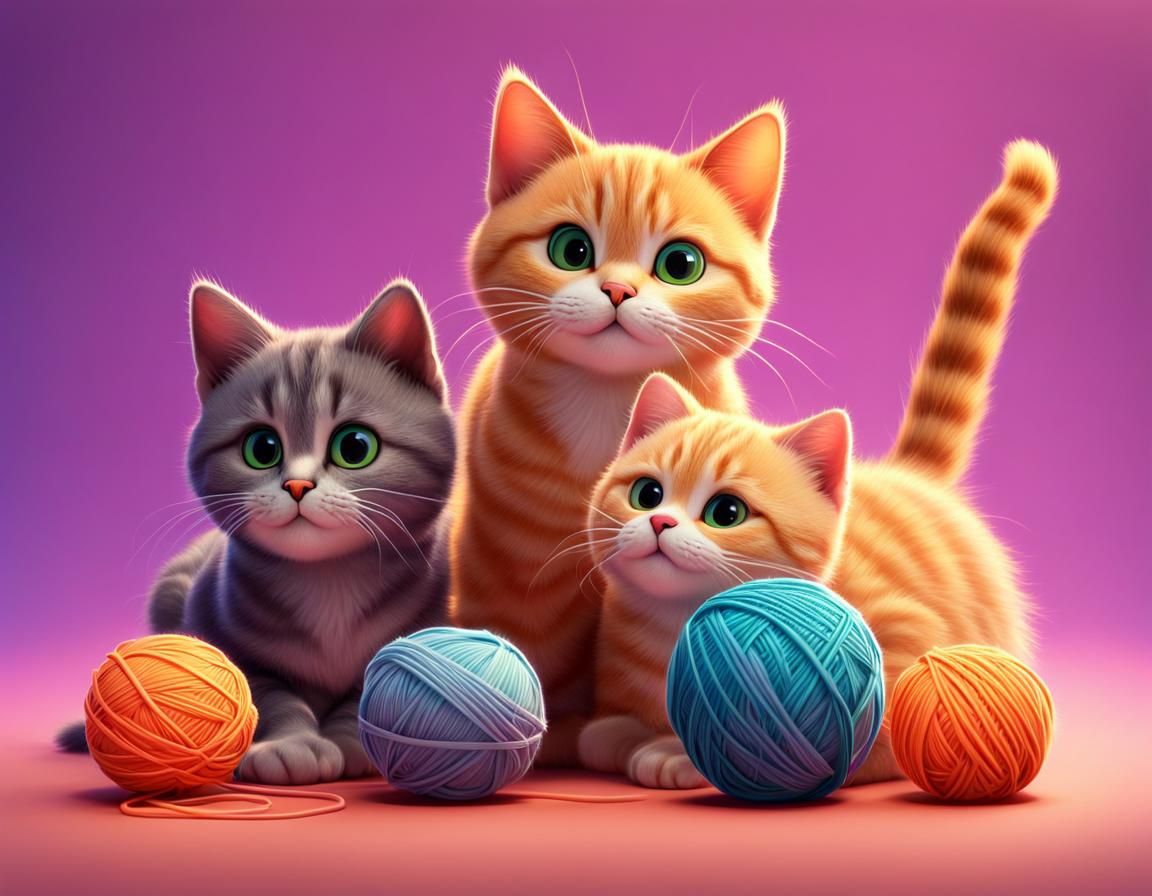 Cute Kittens Play with Yarn: 3D Digital Art