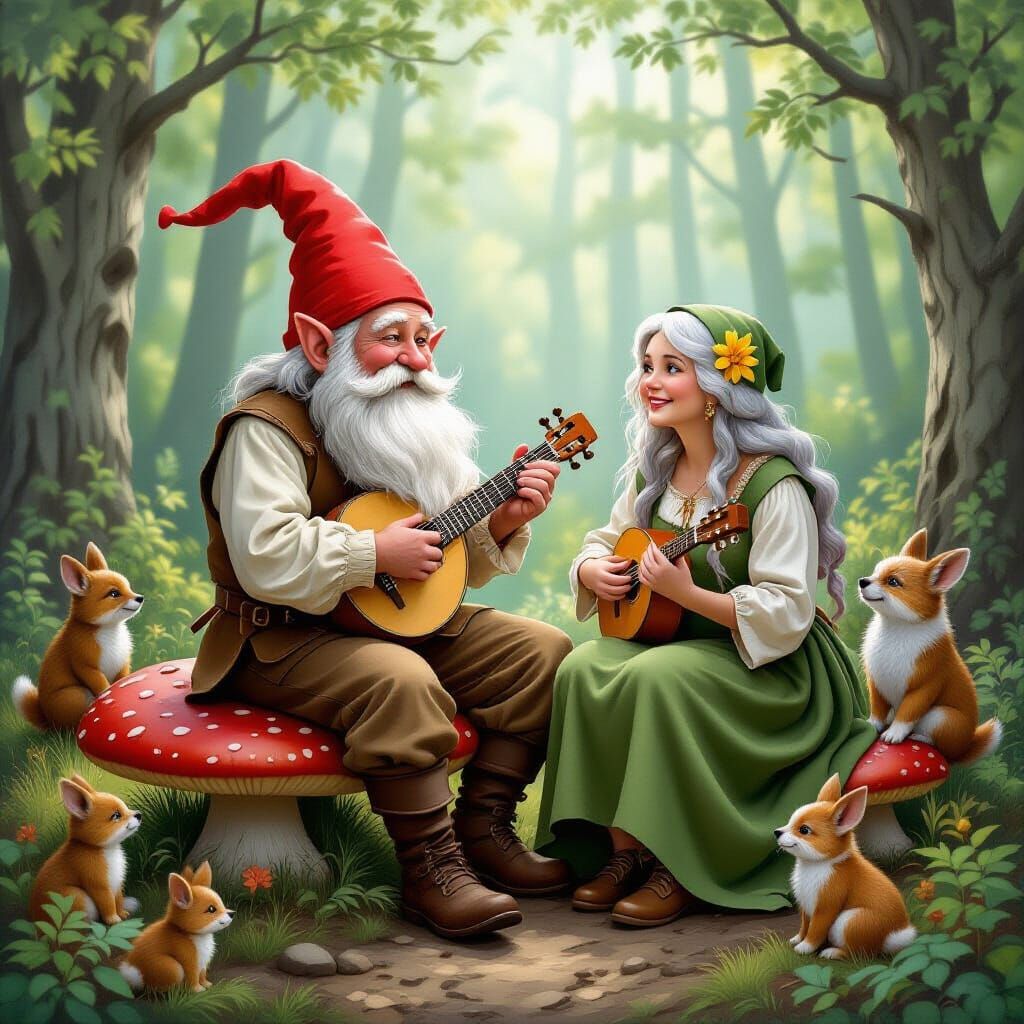 Musical Gnome in Enchanted Forest, Matte Painting