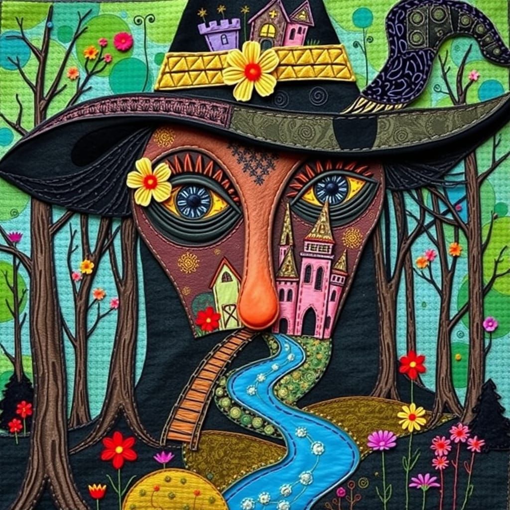 Whimsical Village Face in Vibrant, Handmade Art Style