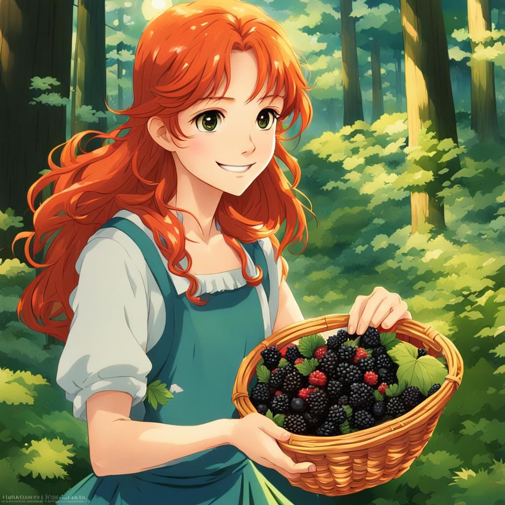 1930s Redhead Picking Berries, Anime Art Style