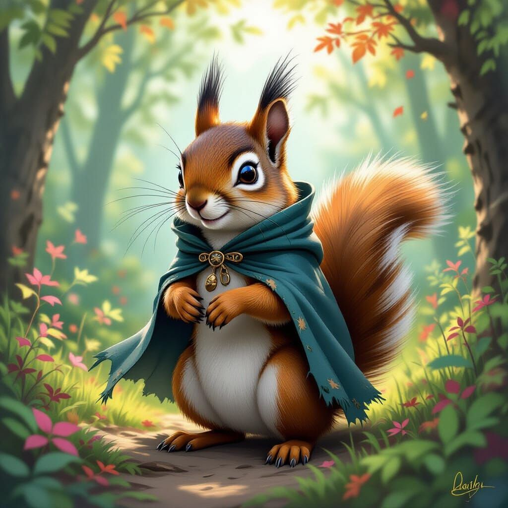Mischievous Squirrel in Whimsical Forest, Digital Art