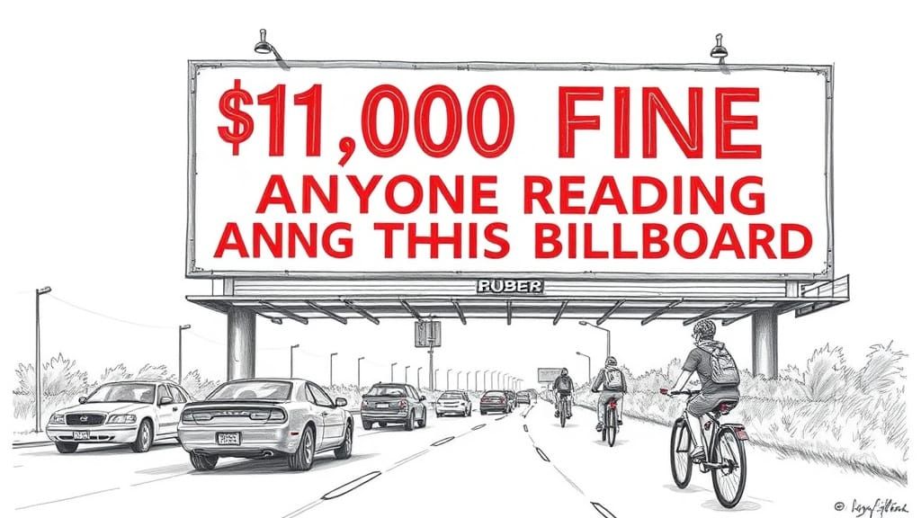 Surreal Billboard on a Busy Road in Pencil Drawing Style