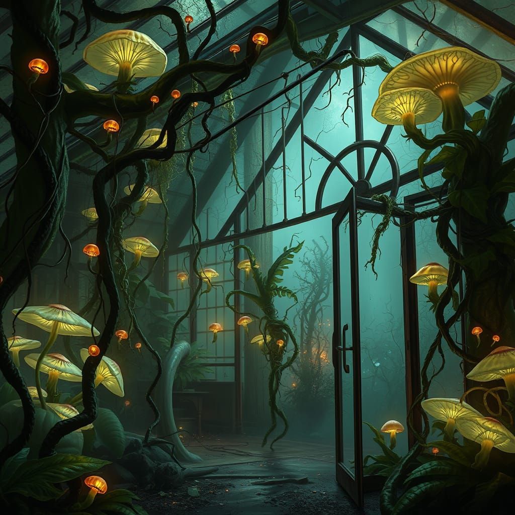 Glowing Vines Overtake Greenhouse in Digital Painting