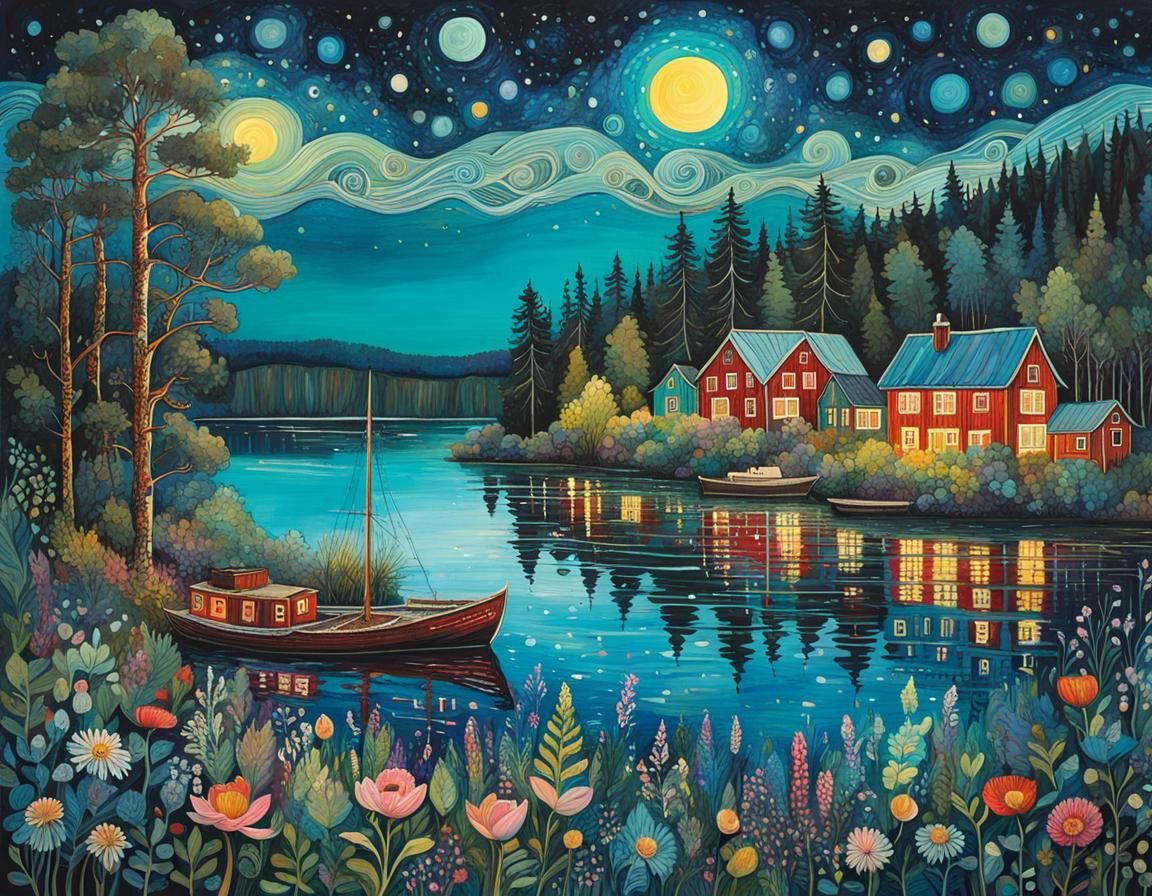 Swedish Lake Midsummer Night: Storybook Illustration
