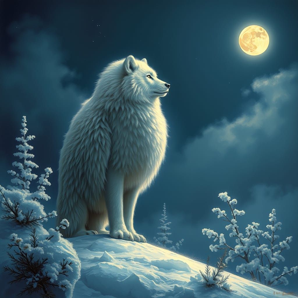 Lobo Howling Under the Moonlit Night Sky with a Frosty Fores...