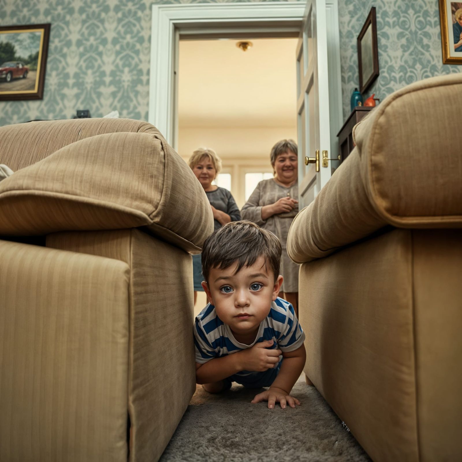 Cute Boy Hides from Two Elderly Women in Photorealistic Scen...