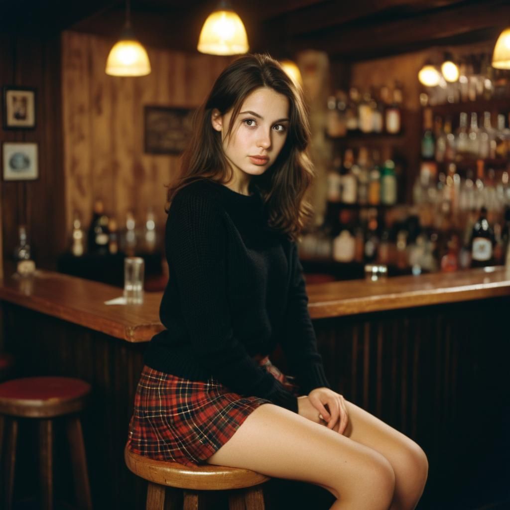 Brunette in Dimly Lit Bar: Cinematic Film Still