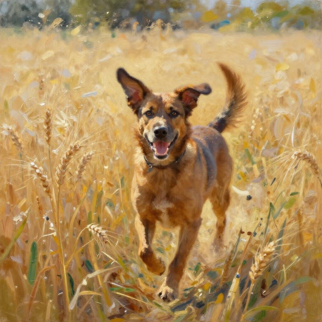 Happy Dog Trots Through Sunlit Wheat Field