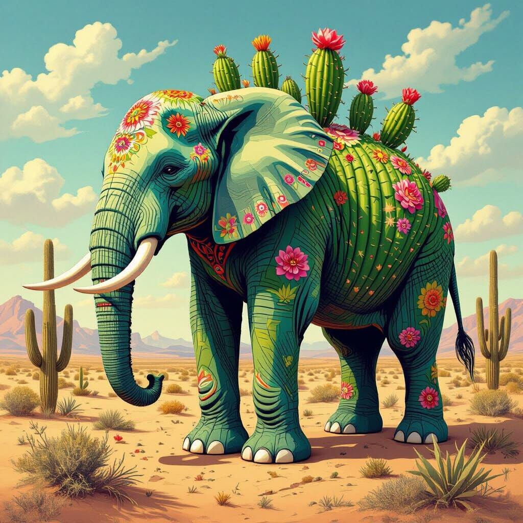 Elephant with Cactus Body and Flippers in Surreal Desert