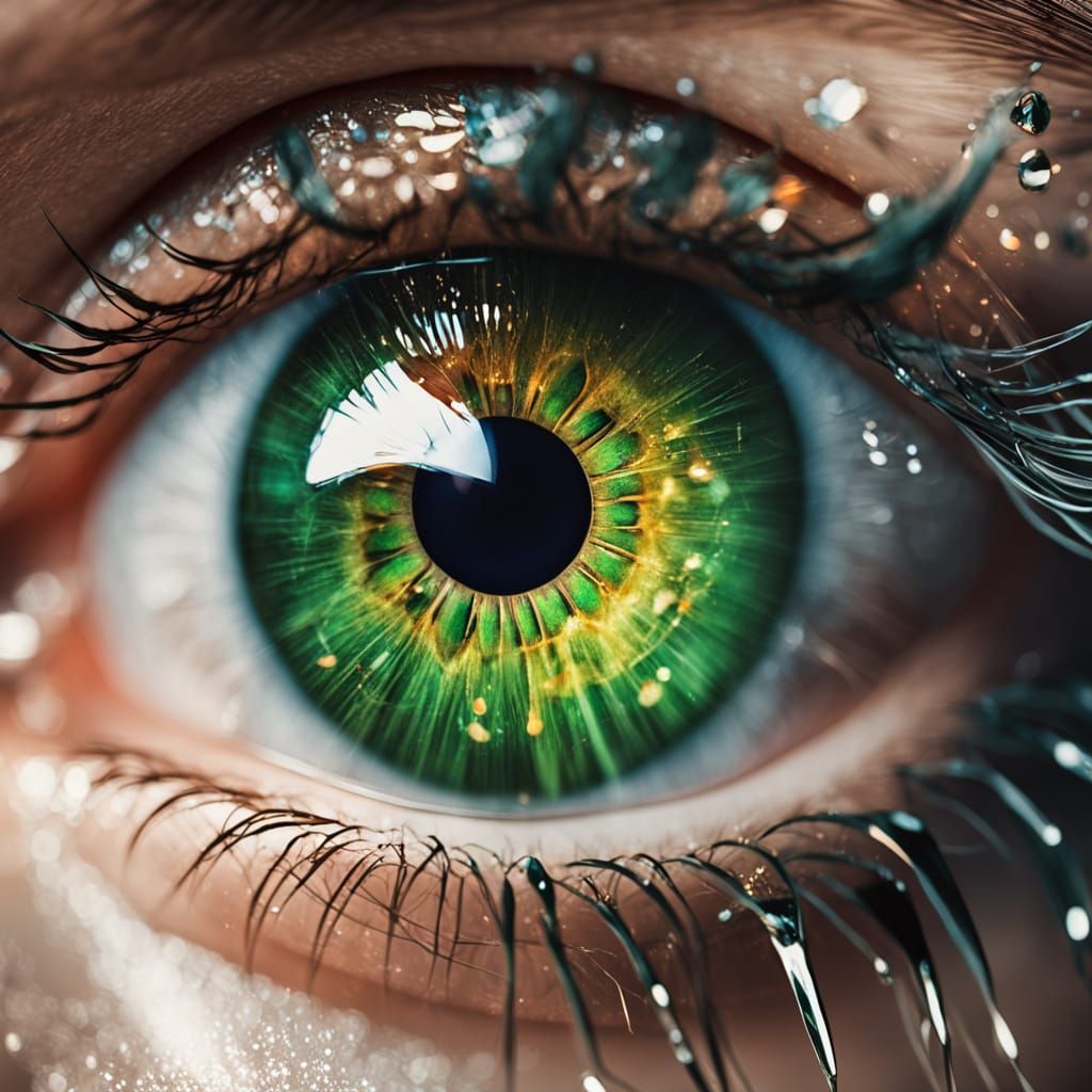 Hyper-Realistic Eye with Green Iris and Sparkling Reflexions