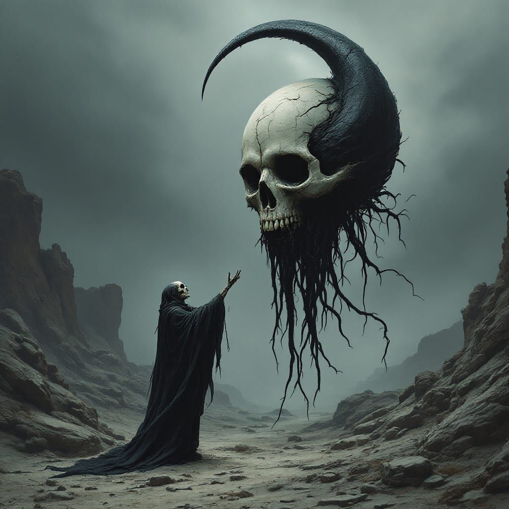 Surreal Skeletal Figure Reaches for Skull Moon Horn