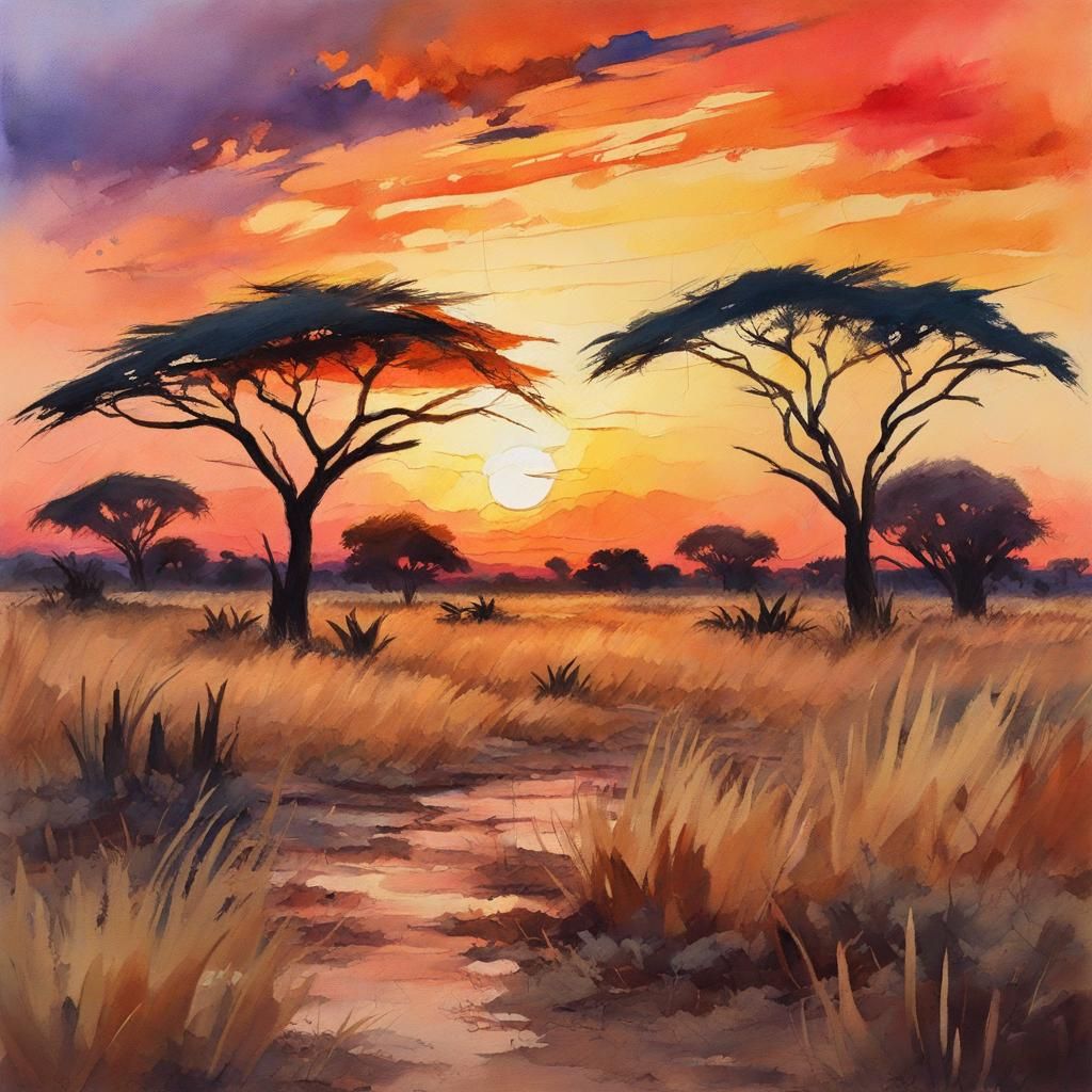 African Sunset: Gouache and Watercolor Impressionism
