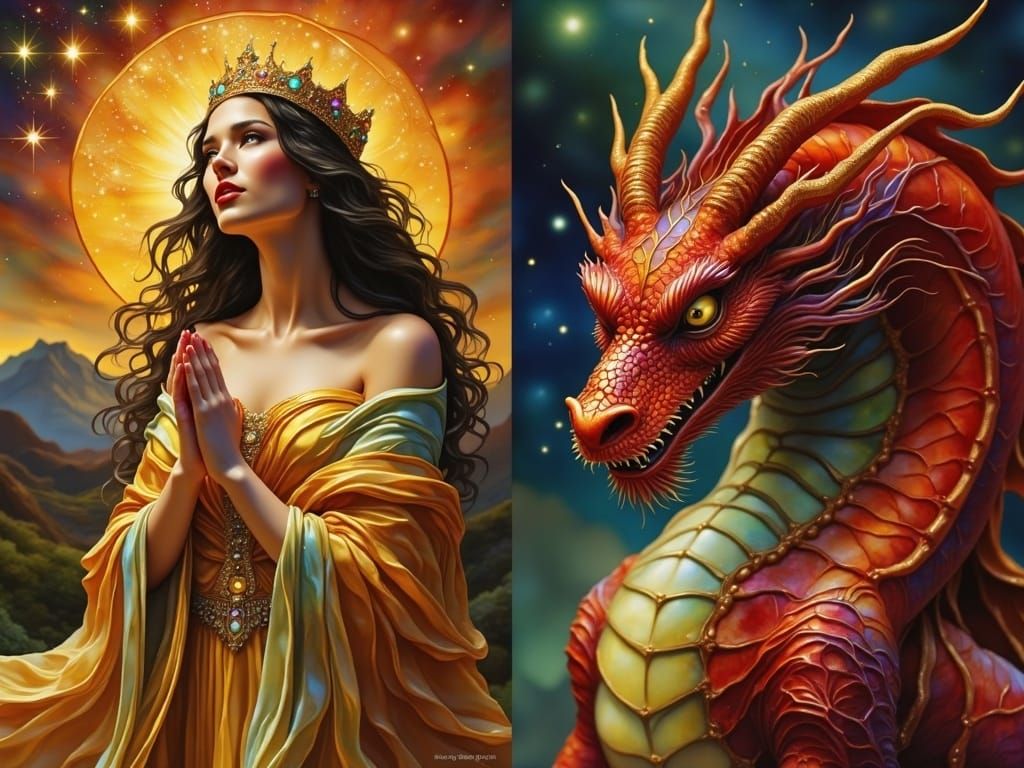 Surreal Portrait of a Virgin Mariam with a Dragon as a Golde...
