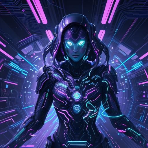 Figure Surrounded by Swirling Code in Neon Futurism