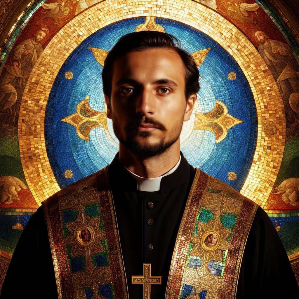 Vibrant digital art. Medium shot. Luigi Mangione stands in a...