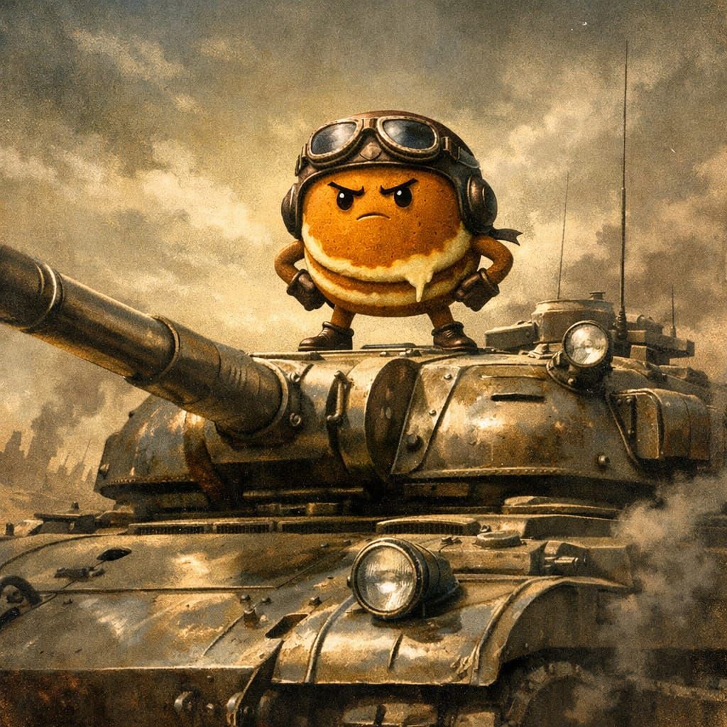 Anthropomorphic Pancake Defies Tank in Sci-Fi Landscape