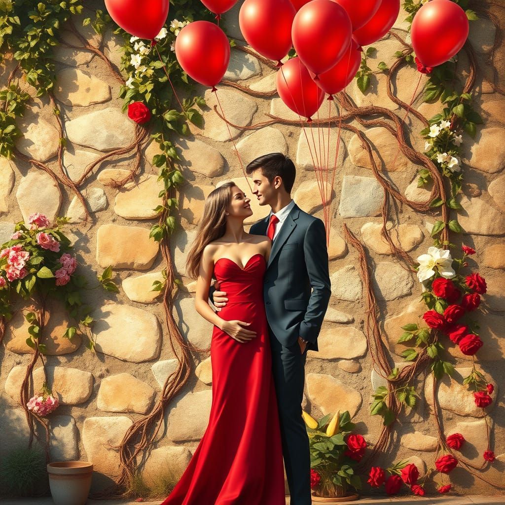 Romantic Couple Surrounded by Whimsical Valentine's Day Char...