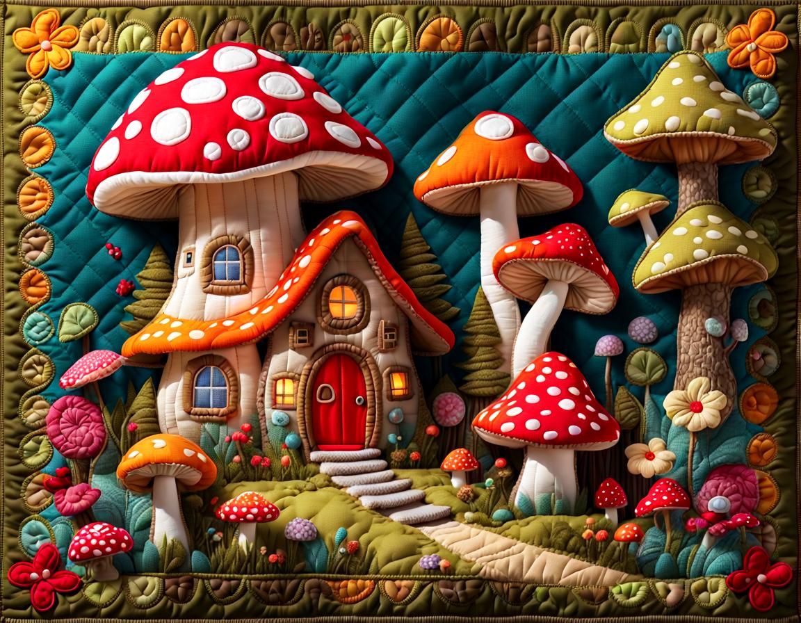 Quilted Mushroom Fairy House in 3D Render