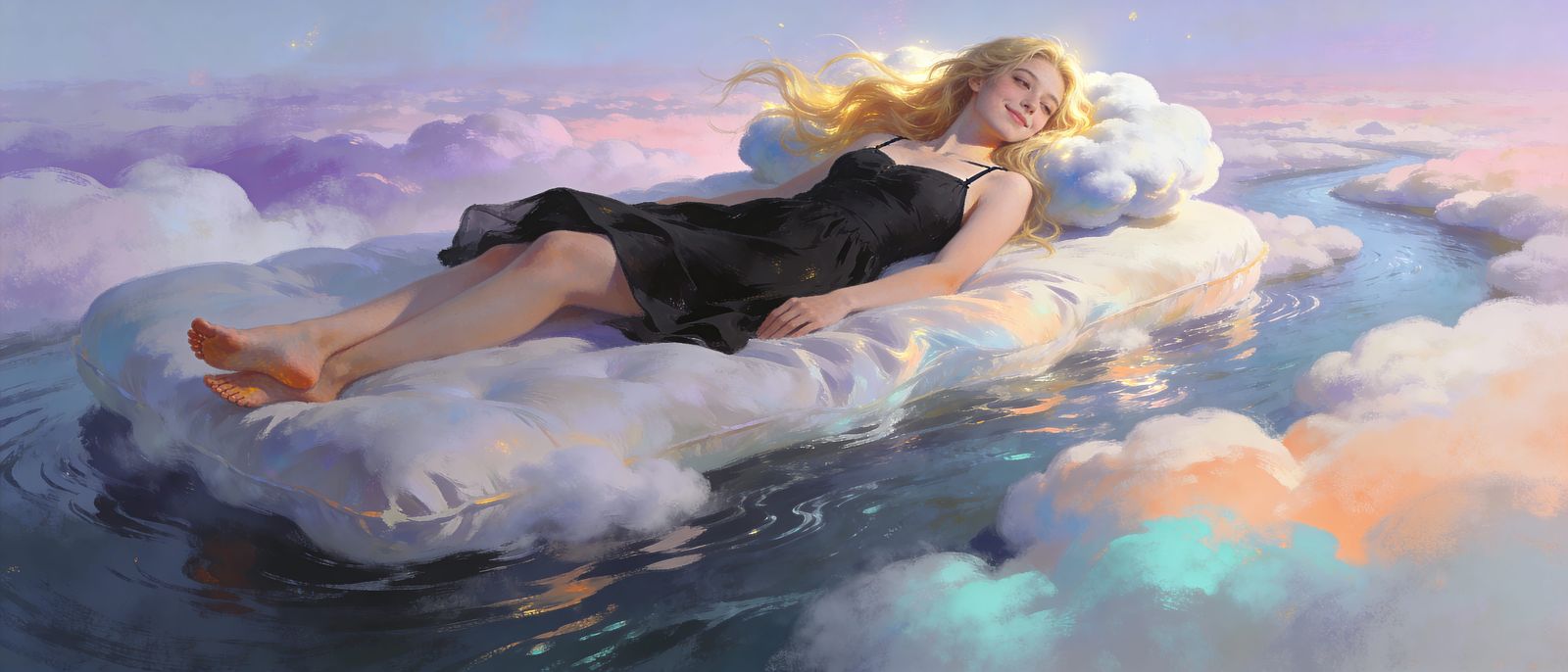 Ethereal Woman Drifting on Cloud River