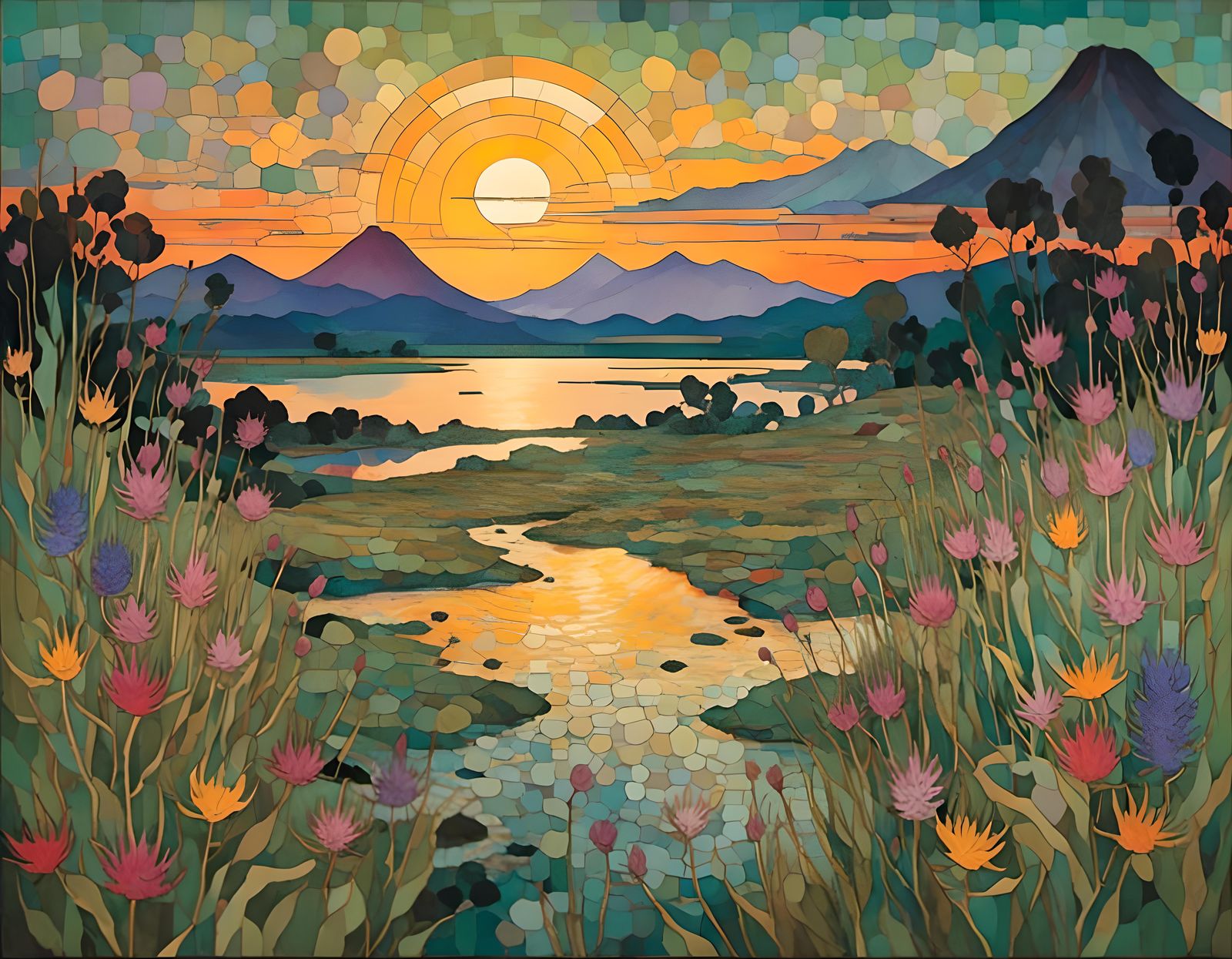 Balinese Sunset Over Rice Fields with Volcano