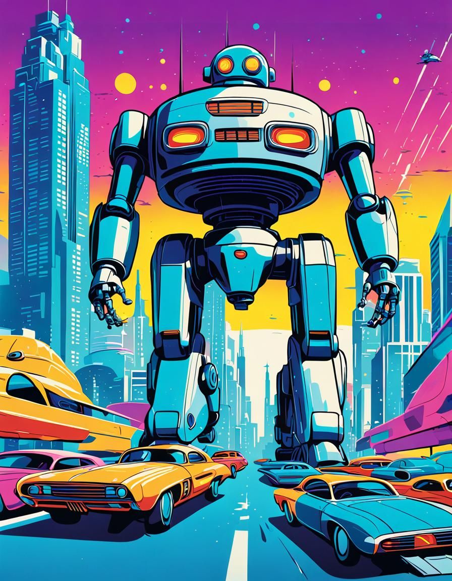 Vintage Robot in Dystopian City: Pop Art Style
