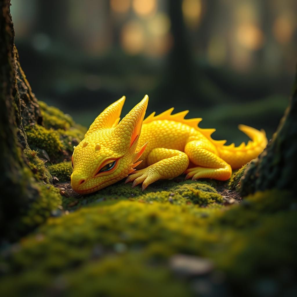Neon Dragon Sleeping in Mossy Forest: Hyperrealistic Art