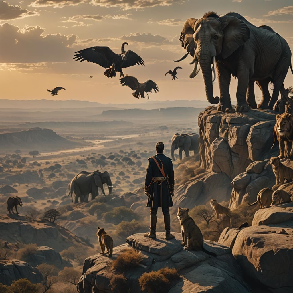 King on Cliff Surrounded By Wildlife at Sunset
